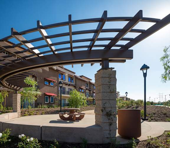 Outdoor community space at Rio Vista Apartments, Los Angeles, CA