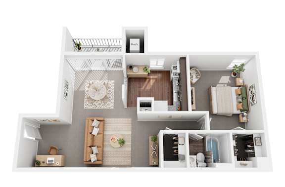 a 3d floor plan of a house with a bedroom and a living room