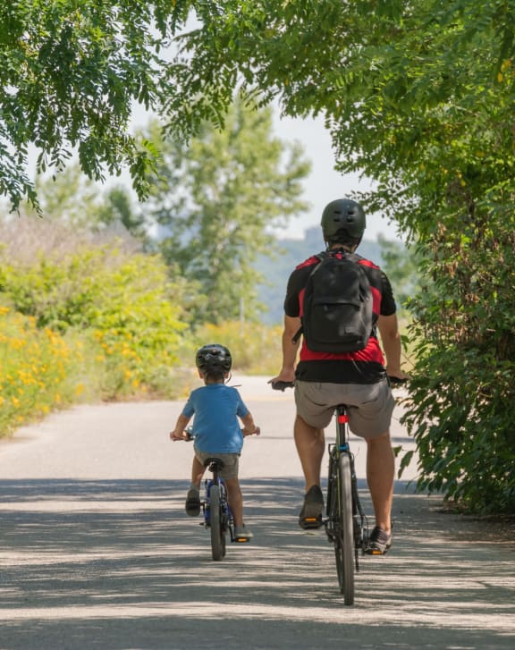 Father and Son Wearing Helmets Riding Bikes Together