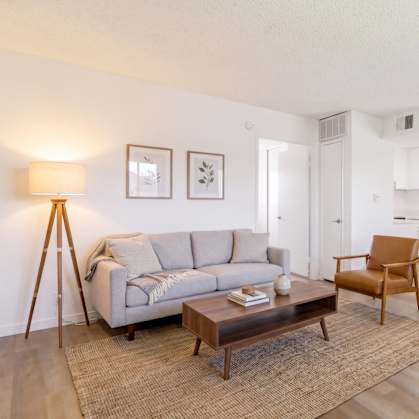 A living room with a grey couch, a wooden coffee table, and a lamp.