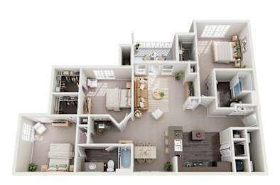 A 3D floor plan of an apartment with a kitchen, living room, and bathroom.