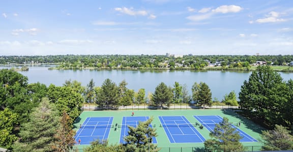 A tennis court surrounded by trees and a body of water.