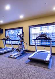 A gym with treadmills, exercise bikes, and a television.