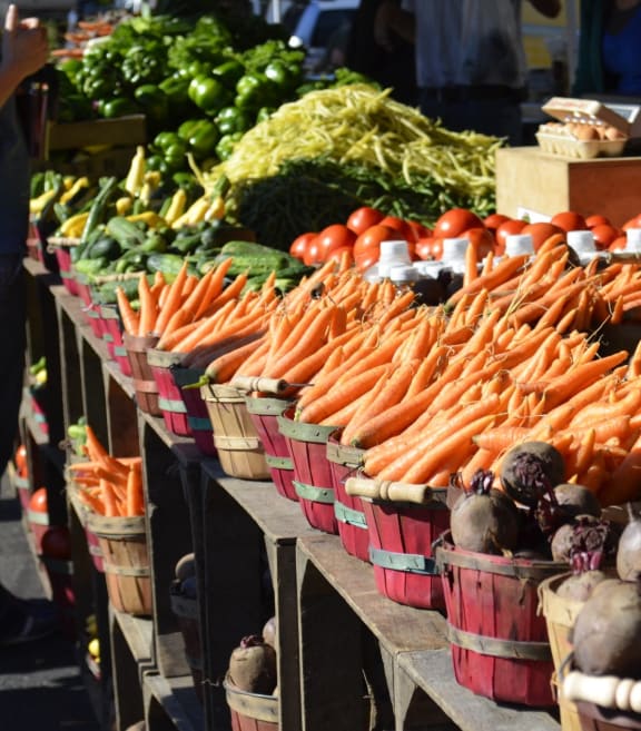 Display of Fresh Vegetables at Farmers Market at Koi Apartments, Seattle, Washington