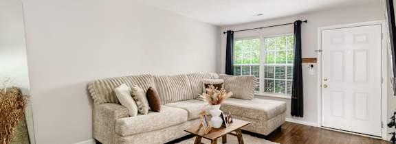 A living room with a couch, a coffee table, and a rug.