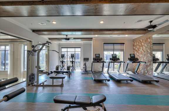 A gym with a variety of equipment including treadmills, weights, and a bench.