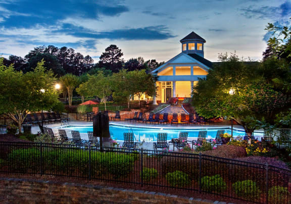 Twilight View of Pool and Clubhouse at Abberly Green Apartment Homes, NC 28117