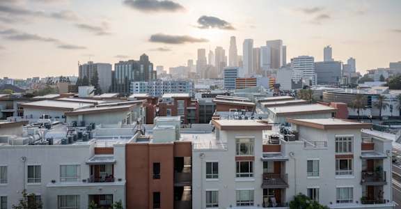 the city skyline at sunset
