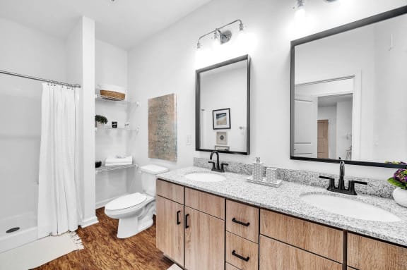 a bathroom with two sinks and a toilet