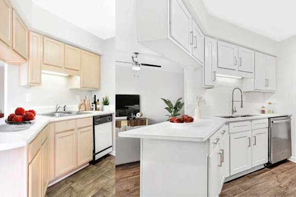 A modern kitchen with white countertops and wooden cabinets.