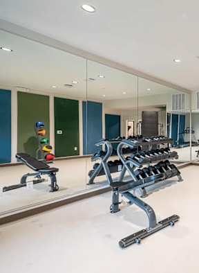 A gym with a mirrored wall and a variety of equipment.