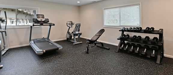 the gym has plenty of weights and cardio equipment at the enclave at woodbury apartmentsat Fox Run Apartments, St. Charles, IL, 60174