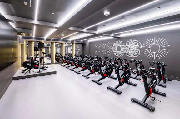 A row of stationary bikes are lined up in a room.