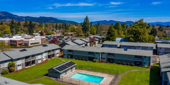 Sequoia Apartments in Springfield, Oregon Aerial View of Property and Pool
