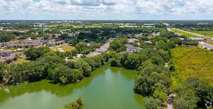 A green lake surrounded by trees and houses.