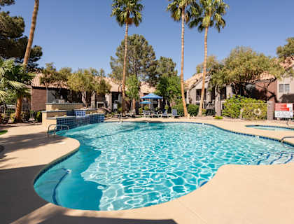 A swimming pool surrounded by palm trees and residential houses.
