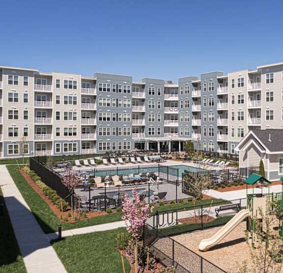Aerial View of Playground and Swimming Pool at Viva Lakeshore, Bridgewater
