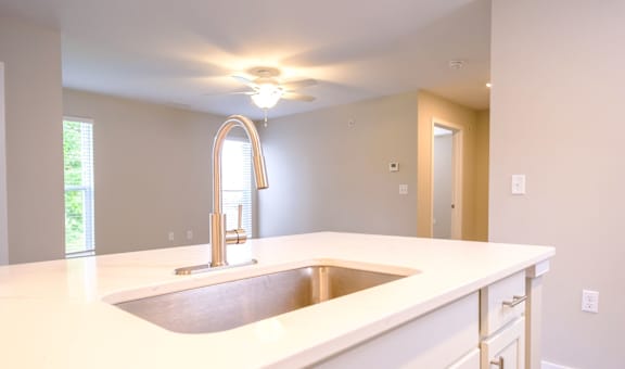 a kitchen with a sink and a ceiling fan