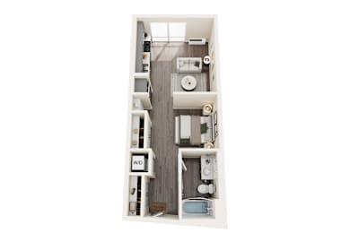 Floor Plan  A 3D floor plan of a small apartment with a kitchen, living room, and bathroom.