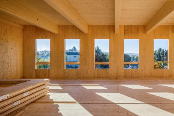 The Canyons Apartments in Portland, Oregon Interior During Construction and Wood Walls