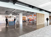 Thumbnail 1 of 12 - A modern office space with people walking and talking.
