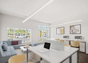 Thumbnail 2 of 7 - A modern office space with a view of the parking lot outside.