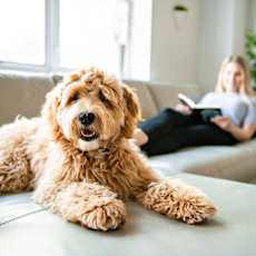 a woman and her dog laying on the grass