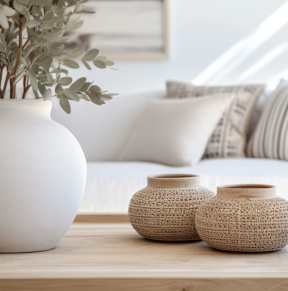 A white vase with a plant in it sits on a table in front of a couch.