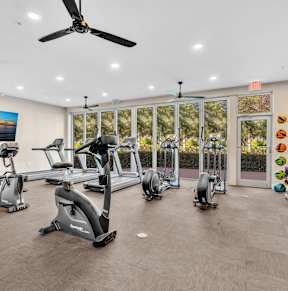 a gym with cardio equipment and weights
