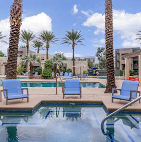 Riverwalk Luxury Apartments in Tucson, Arizona Pool and Hot Tub with Lounge Chairs