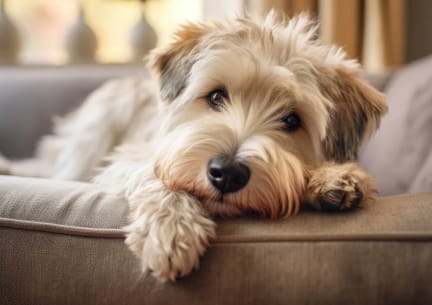 a dog laying on a couch at The Palms, South Carolina, 29407