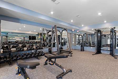A gym with a variety of equipment including treadmills, weights, and exercise machines.