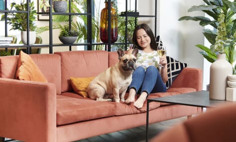a woman sitting on a couch with a dog and a glass of wine