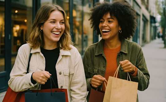 Two women are walking down the street with shopping bags.