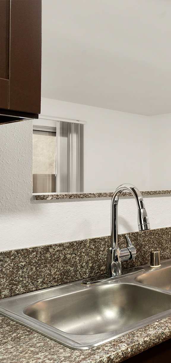 A kitchen with a sink and a window.