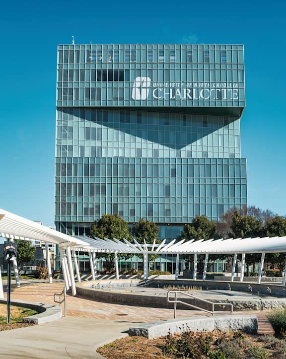 A modern building with the word "CHARLOTTE" on it.