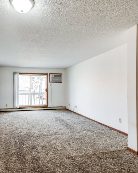 a living room with white walls and carpet