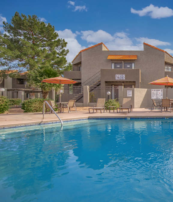 Metro on First Apartments in Tucson, Arizona Exterior and Pool with Lounge Chairs