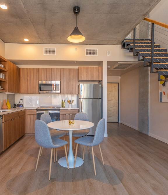 The Benedictine Apartments in Tucson, Arizona Model Kitchen with Built-In Shelving