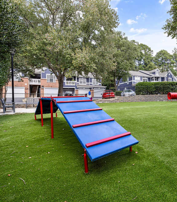 A blue and red slide in a grassy park.