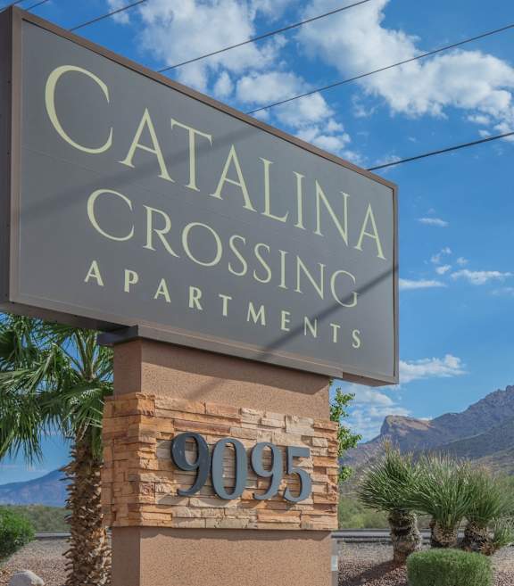 Catalina Crossing Apartments in Tucson, Arizona Monument Sign and View of Mountains