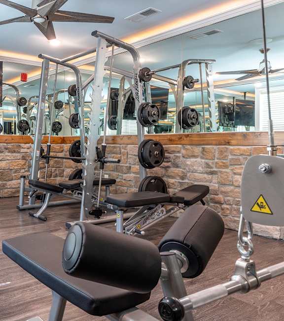 A gym with a variety of equipment including a bench press, a squat rack, and a television mounted on the wall at Mode at Melbourne, LLC Apartments, Florida