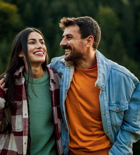 A man and a woman are standing close together in a natural setting.