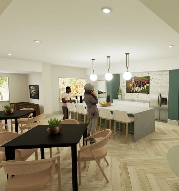 a rendering of a dining room and kitchen in an apartment building