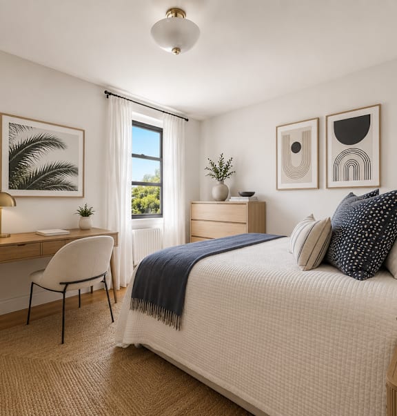 A bedroom with a bed, a dresser, and a window.