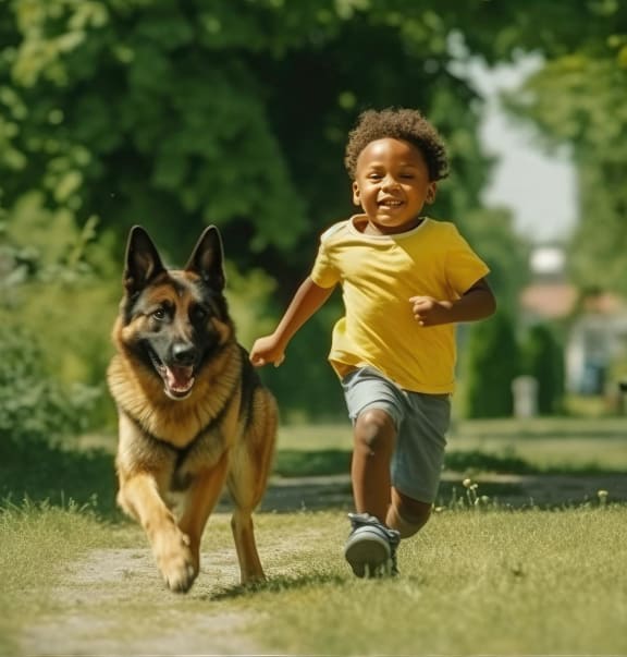a young boy running with his dog in a park at Glen Hollow, Georgia, 30034