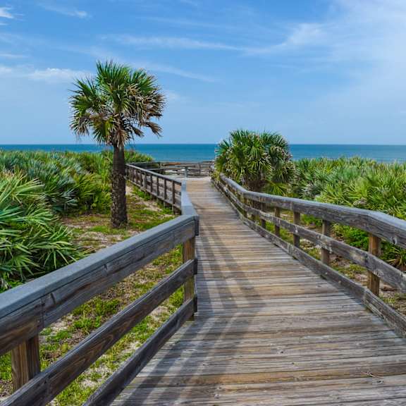 A wooden boardwalk leads through a lush green landscape.