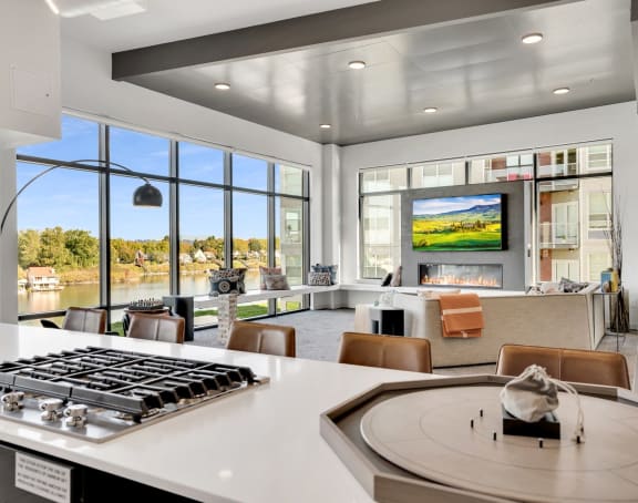 Harbor Sky Clubhouse Lounge and Kitchen with Fireplace