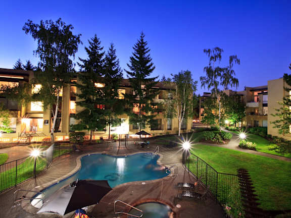 12 Central Square Exterior and Pool at Dusk
