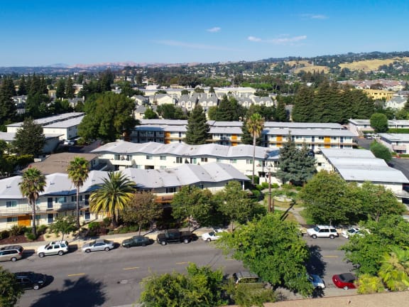 Aerial View of The Mark Apartments in Hayward, California and Surrounding Area